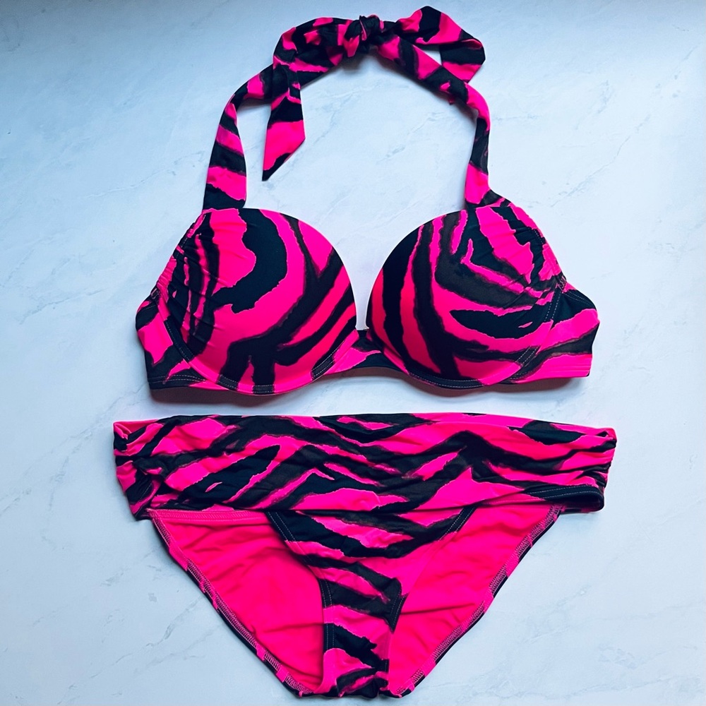 Victoria's Secret • 36B Medium • Hot Pink & Black Zebra Bombshell Push Up Bikini